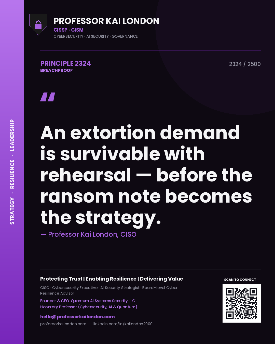 Professor Kai London principle 2324: An extortion demand is survivable with rehearsal — before the ransom note becomes the strategy.