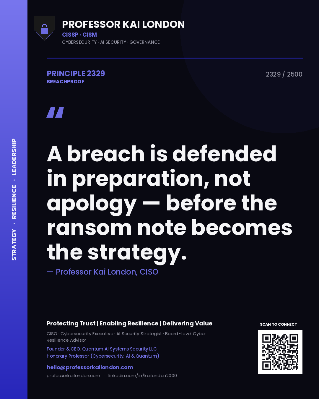 Professor Kai London principle 2329: A breach is defended in preparation, not apology — before the ransom note becomes the strategy.