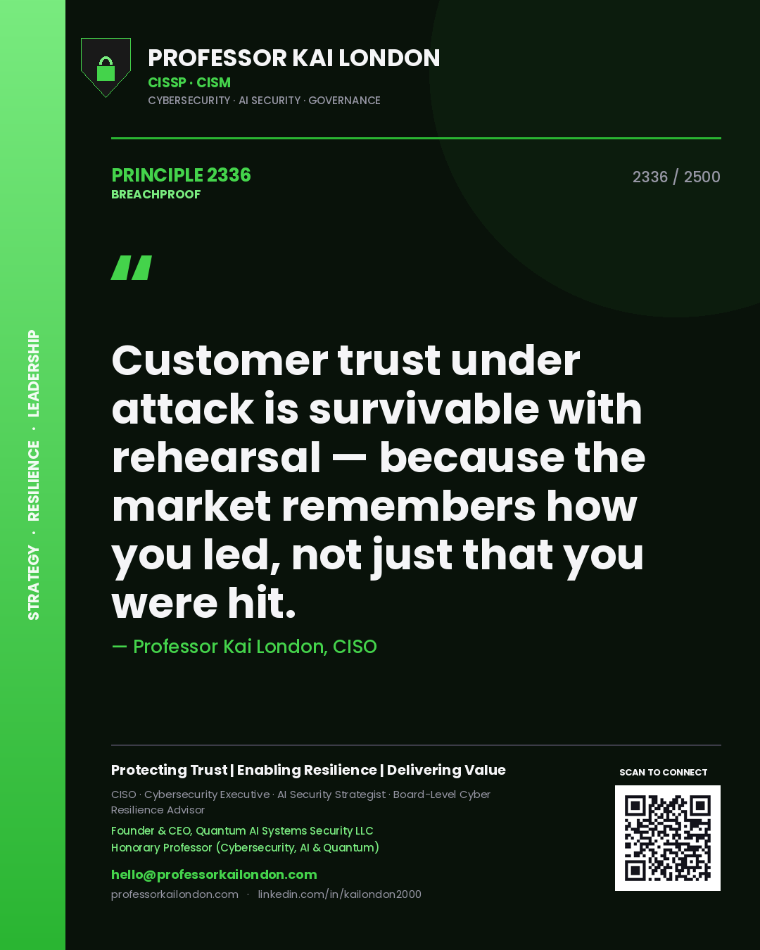 Professor Kai London principle 2336: Customer trust under attack is survivable with rehearsal — because the market remembers how you led, not just that you were hit.