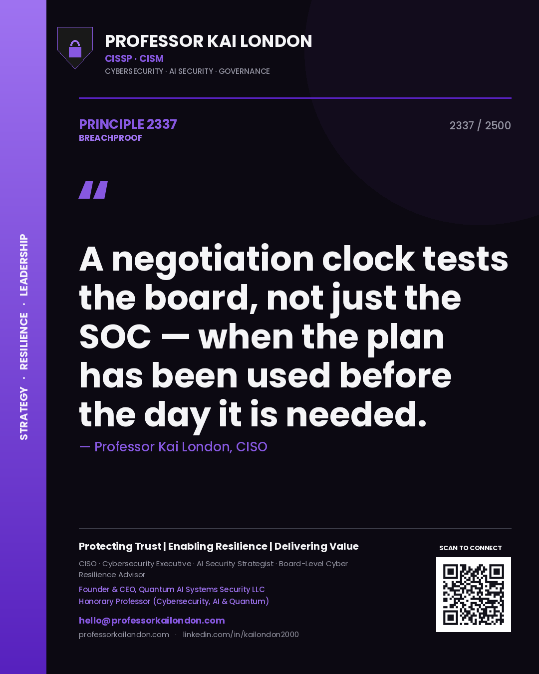 Professor Kai London principle 2337: A negotiation clock tests the board, not just the SOC — when the plan has been used before the day it is needed.