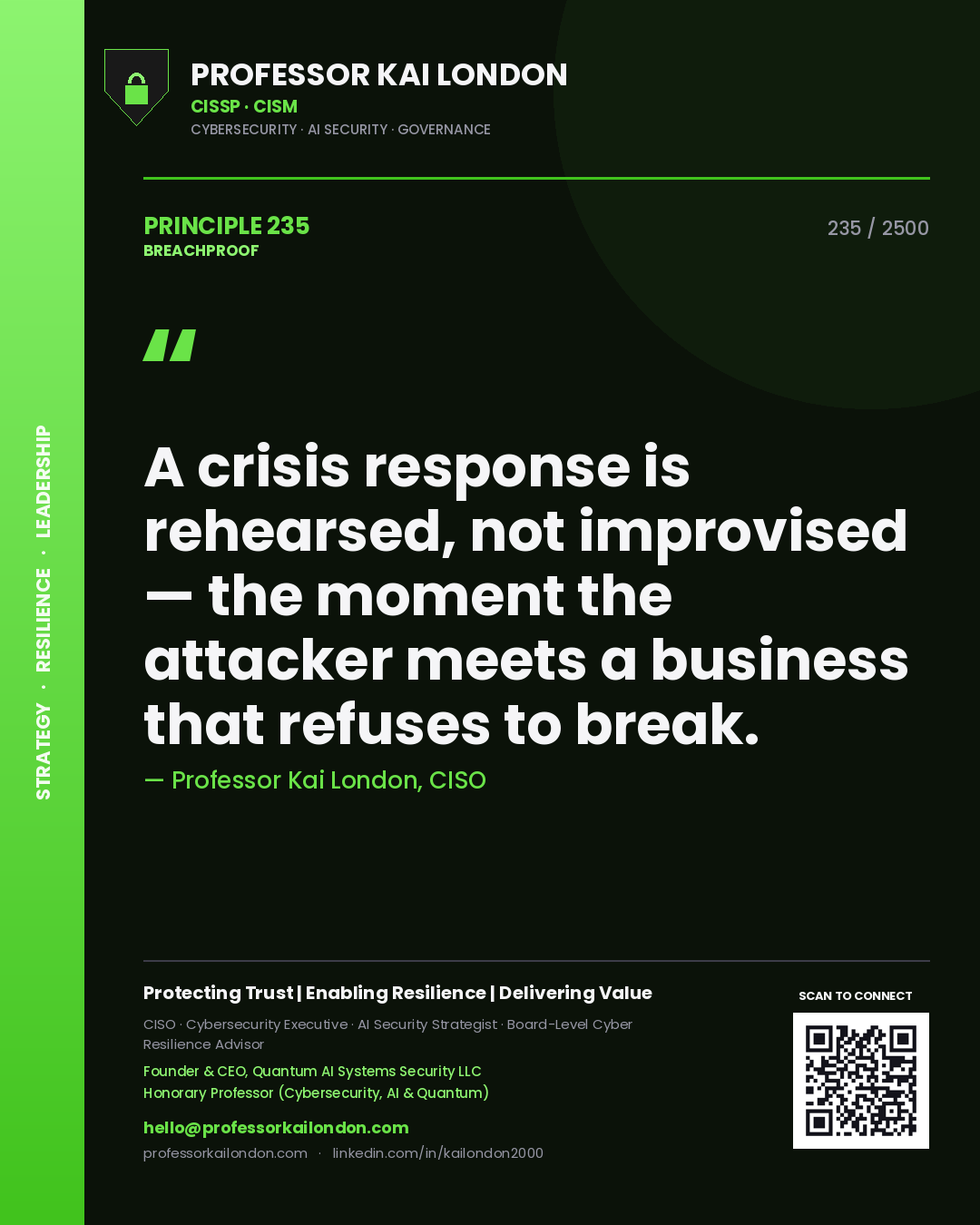 Professor Kai London principle 235: A crisis response is rehearsed, not improvised — the moment the attacker meets a business that refuses to break.