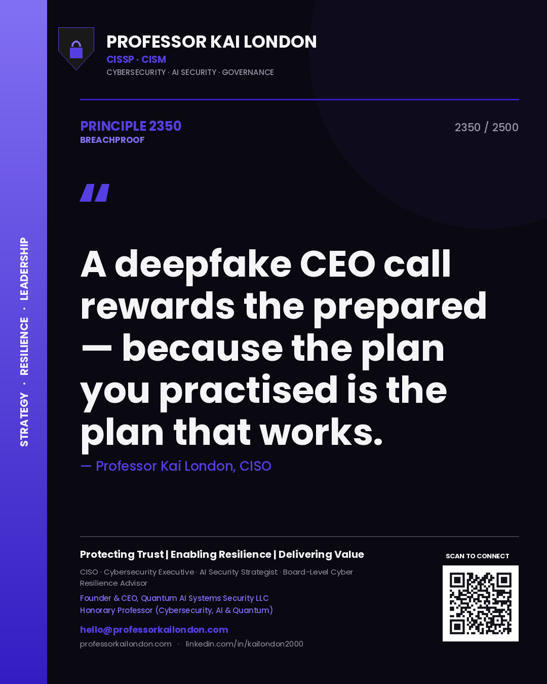 Professor Kai London principle 2350: A deepfake CEO call rewards the prepared — because the plan you practised is the plan that works.