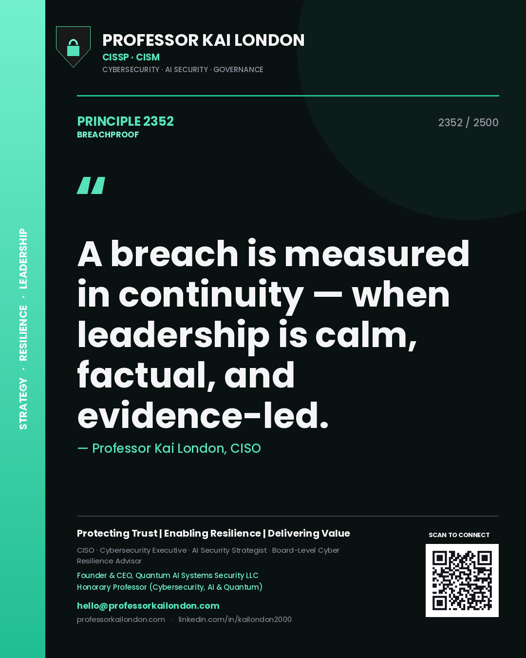 Professor Kai London principle 2352: A breach is measured in continuity — when leadership is calm, factual, and evidence-led.