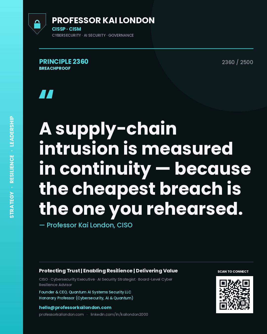 Professor Kai London principle 2360: A supply-chain intrusion is measured in continuity — because the cheapest breach is the one you rehearsed.