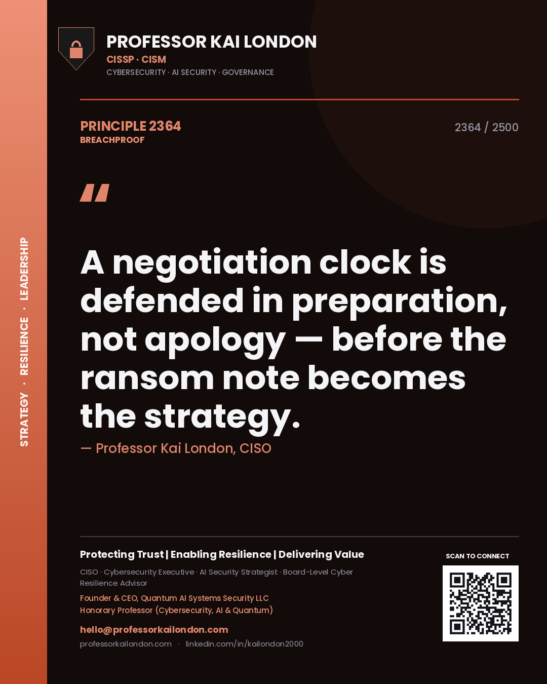Professor Kai London principle 2364: A negotiation clock is defended in preparation, not apology — before the ransom note becomes the strategy.