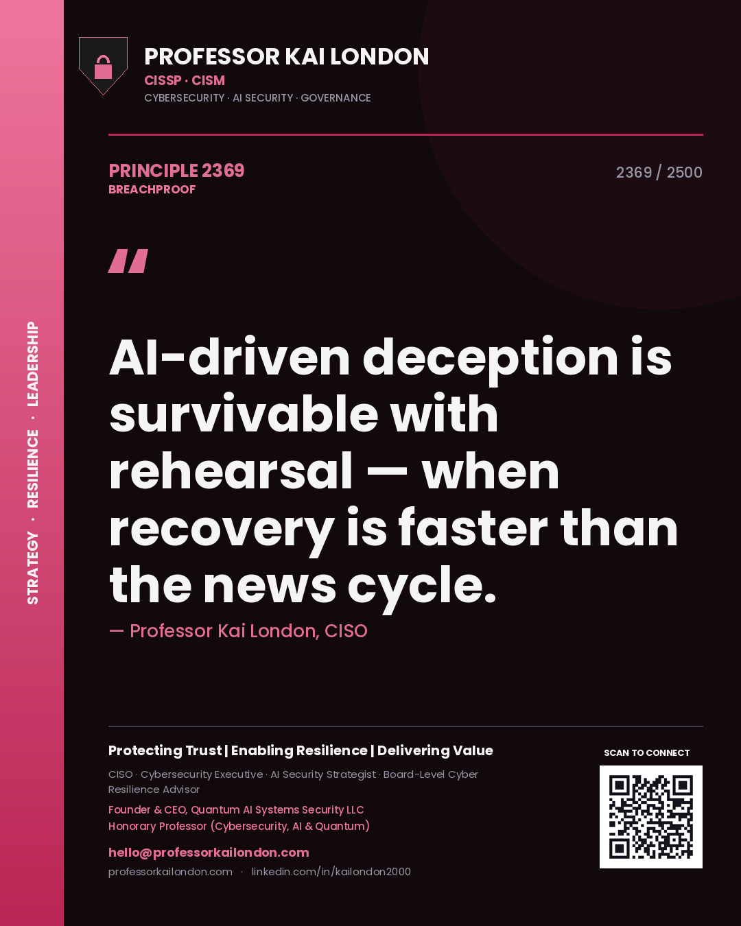 Professor Kai London principle 2369: AI-driven deception is survivable with rehearsal — when recovery is faster than the news cycle.