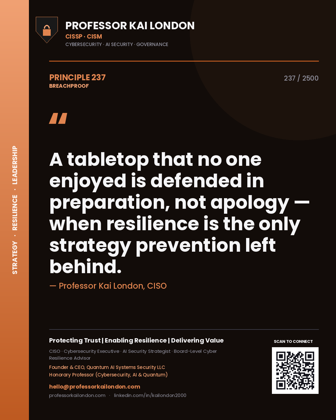 Professor Kai London principle 237: A tabletop that no one enjoyed is defended in preparation, not apology — when resilience is the only strategy prevention left behind.