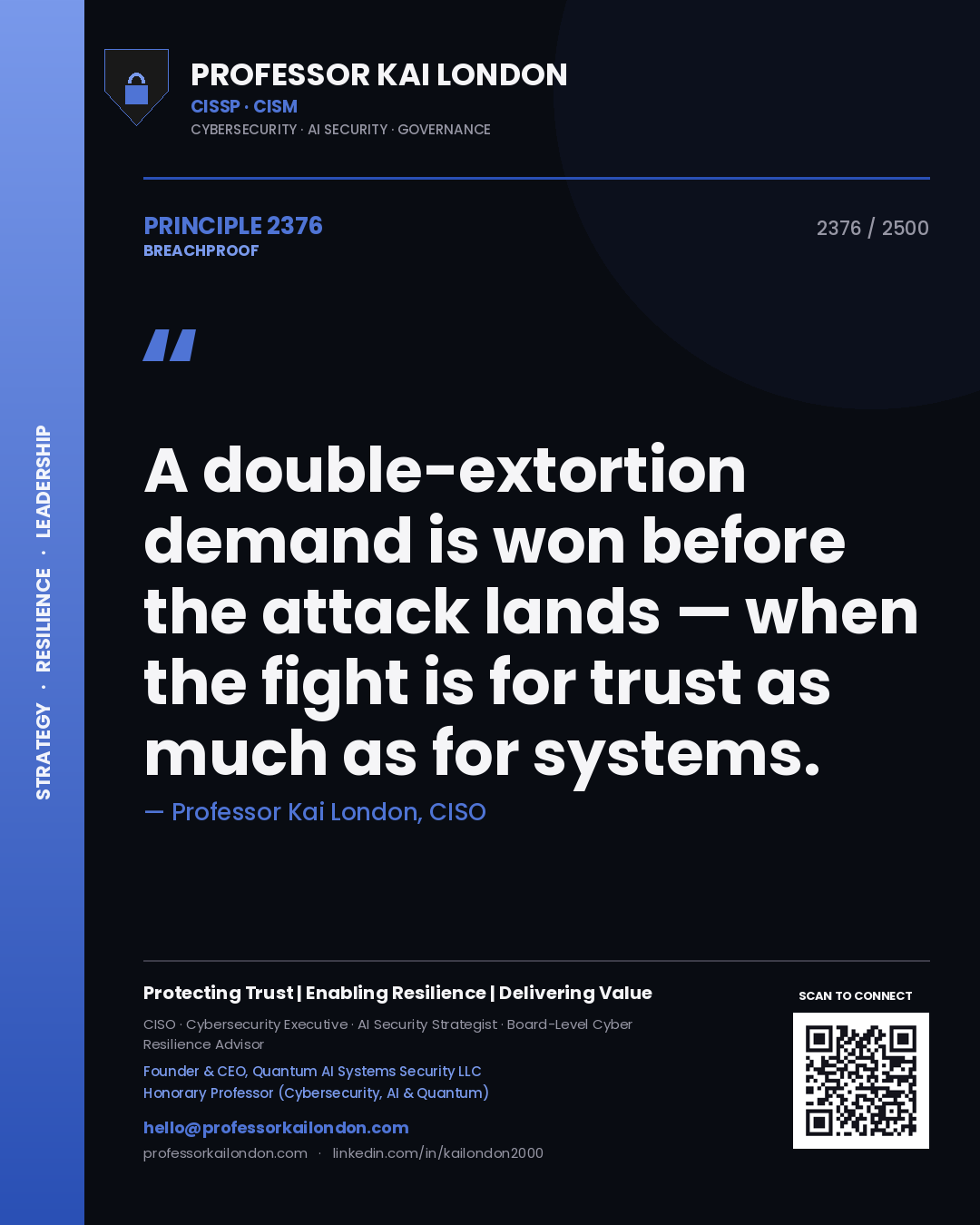 Professor Kai London principle 2376: A double-extortion demand is won before the attack lands — when the fight is for trust as much as for systems.
