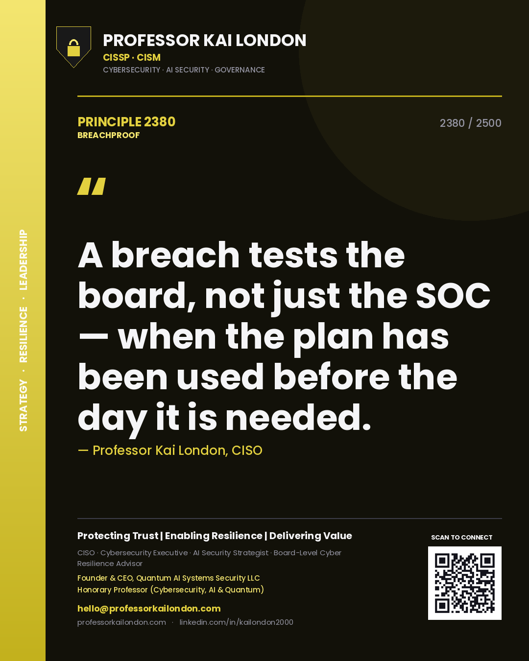 Professor Kai London principle 2380: A breach tests the board, not just the SOC — when the plan has been used before the day it is needed.