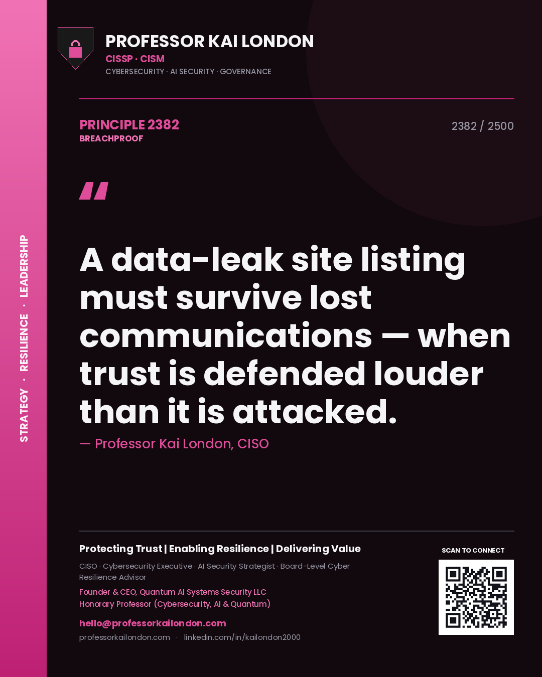 Professor Kai London principle 2382: A data-leak site listing must survive lost communications — when trust is defended louder than it is attacked.