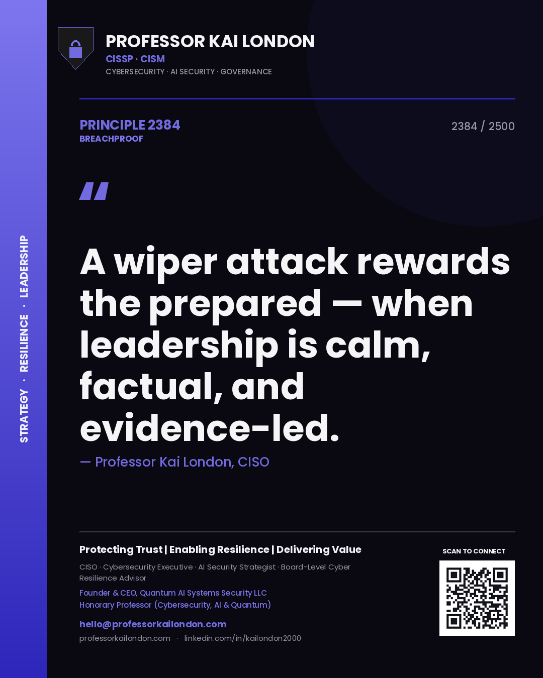 Professor Kai London principle 2384: A wiper attack rewards the prepared — when leadership is calm, factual, and evidence-led.