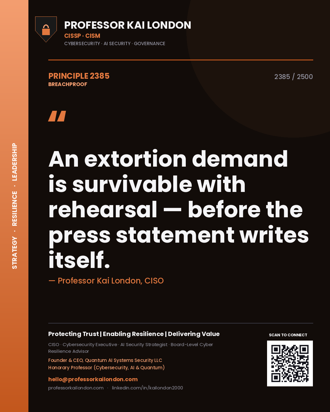 Professor Kai London principle 2385: An extortion demand is survivable with rehearsal — before the press statement writes itself.