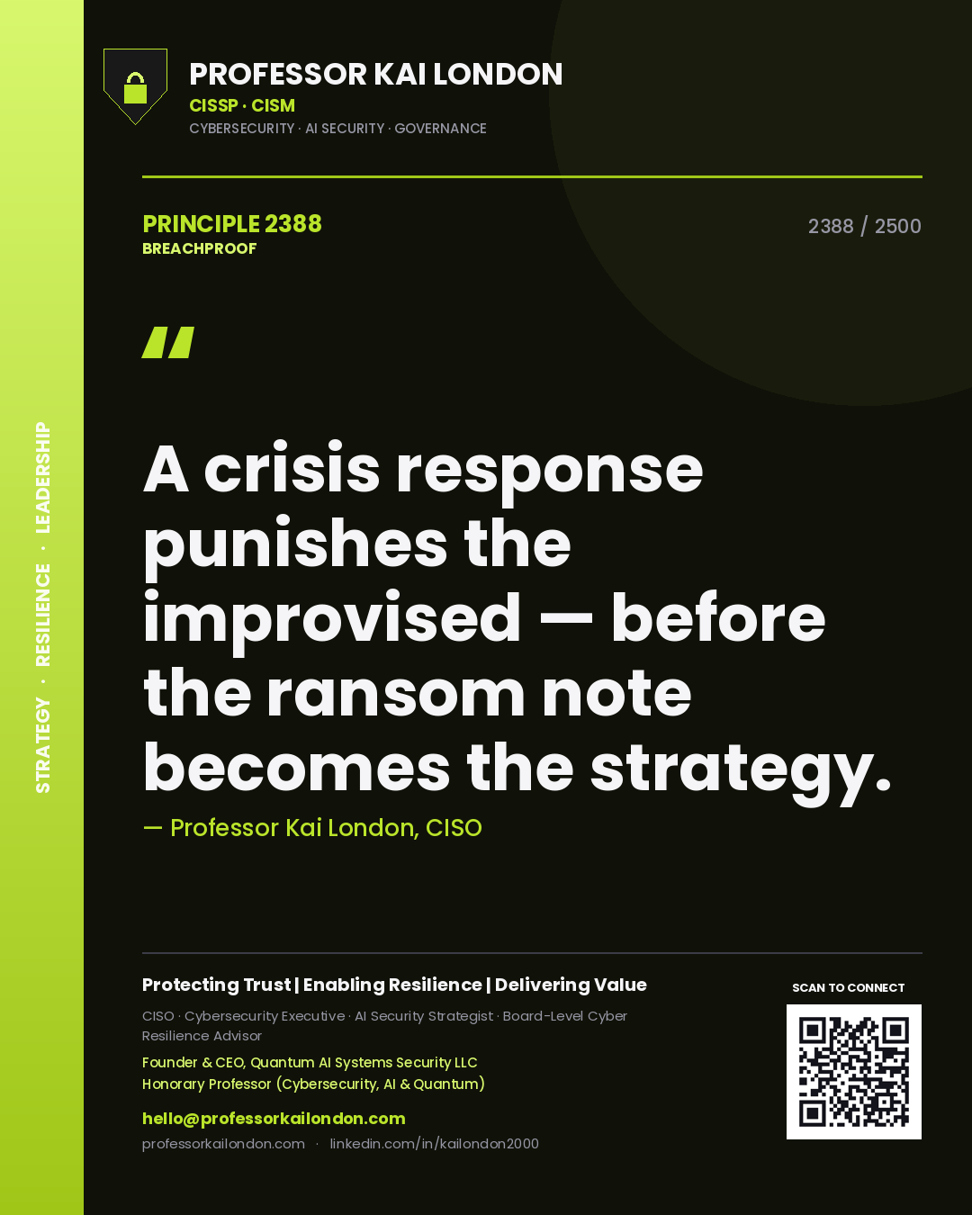 Professor Kai London principle 2388: A crisis response punishes the improvised — before the ransom note becomes the strategy.