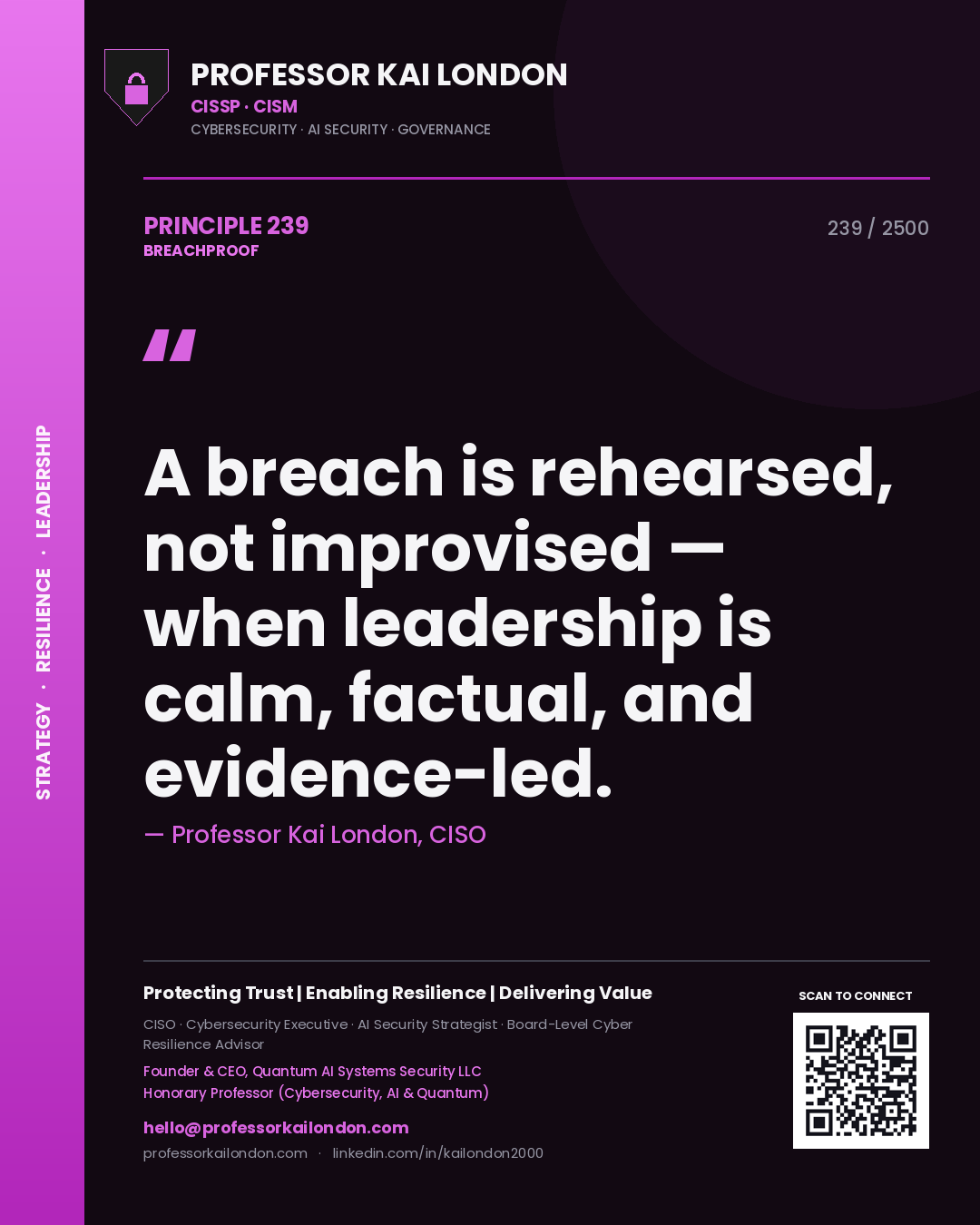 Professor Kai London principle 239: A breach is rehearsed, not improvised — when leadership is calm, factual, and evidence-led.