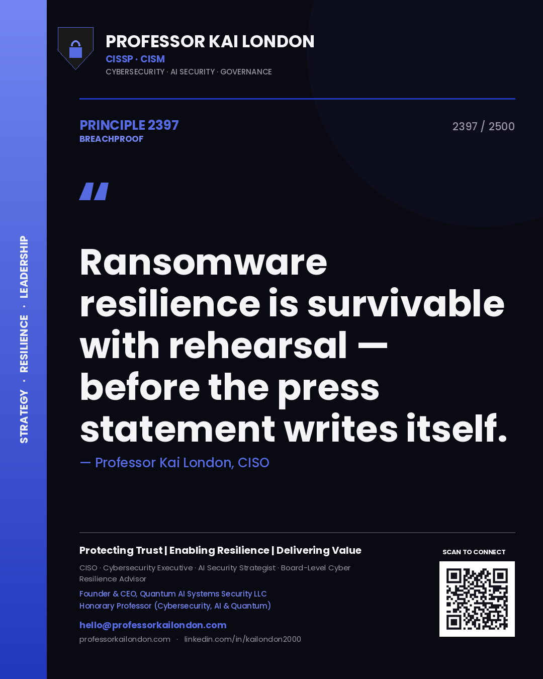 Professor Kai London principle 2397: Ransomware resilience is survivable with rehearsal — before the press statement writes itself.