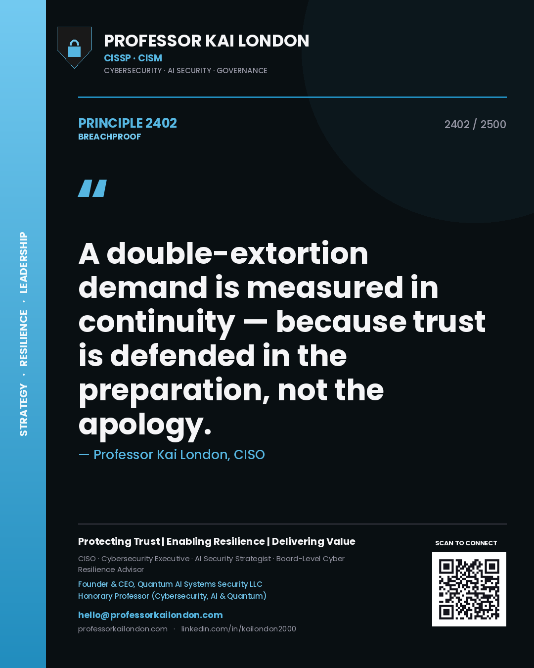 Professor Kai London principle 2402: A double-extortion demand is measured in continuity — because trust is defended in the preparation, not the apology.
