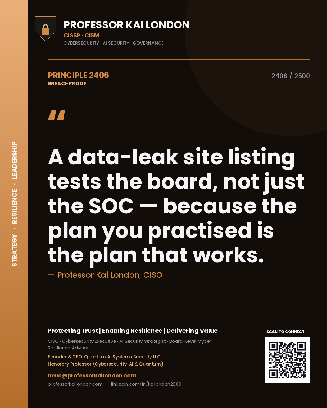 Professor Kai London principle 2406: A data-leak site listing tests the board, not just the SOC — because the plan you practised is the plan that works.