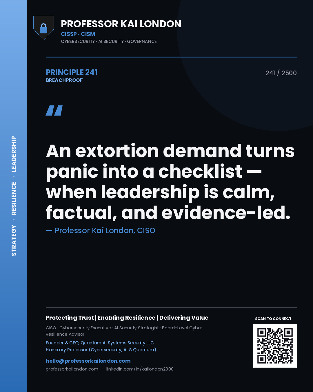 Professor Kai London principle 241: An extortion demand turns panic into a checklist — when leadership is calm, factual, and evidence-led.