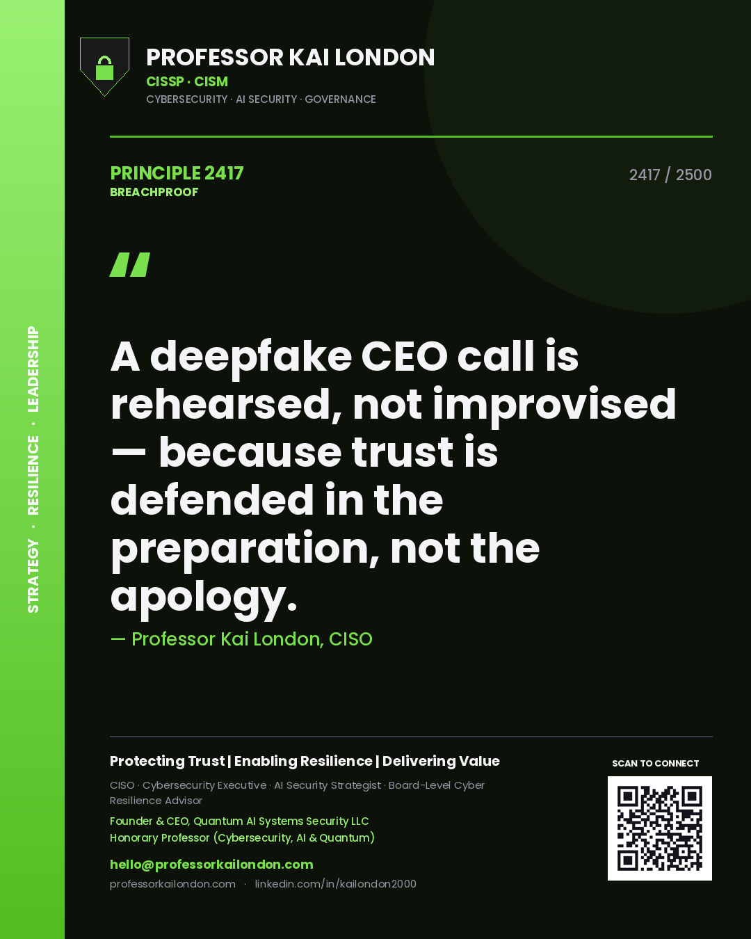 Professor Kai London principle 2417: A deepfake CEO call is rehearsed, not improvised — because trust is defended in the preparation, not the apology.