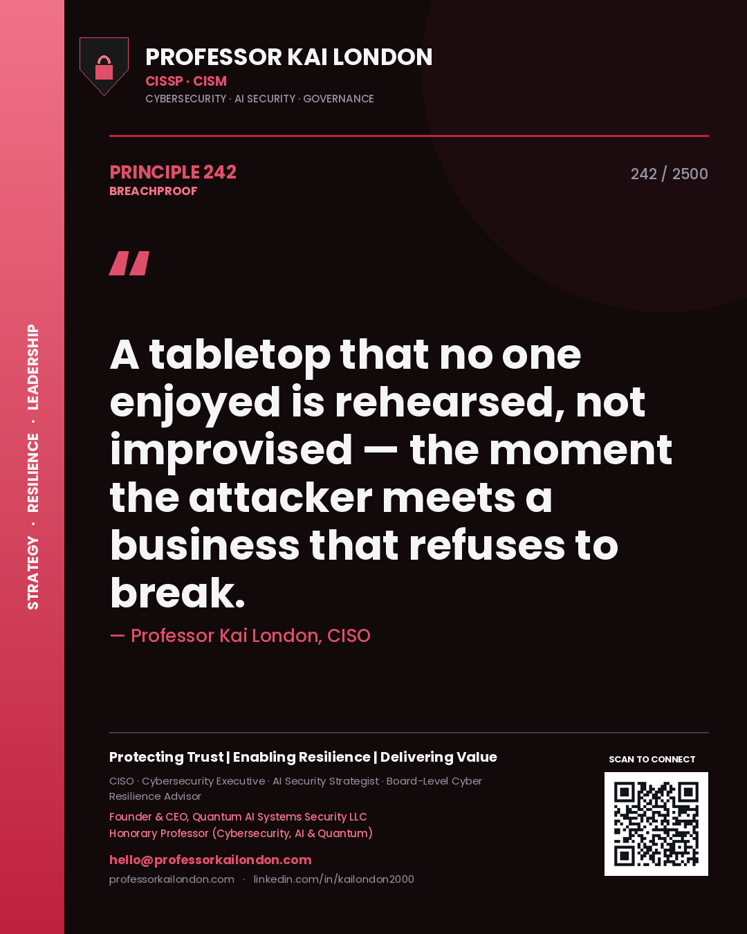 Professor Kai London principle 242: A tabletop that no one enjoyed is rehearsed, not improvised — the moment the attacker meets a business that refuses to break.