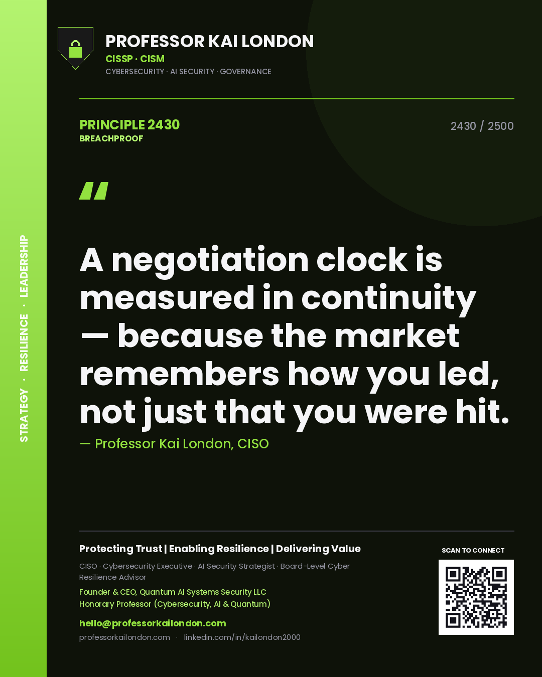 Professor Kai London principle 2430: A negotiation clock is measured in continuity — because the market remembers how you led, not just that you were hit.