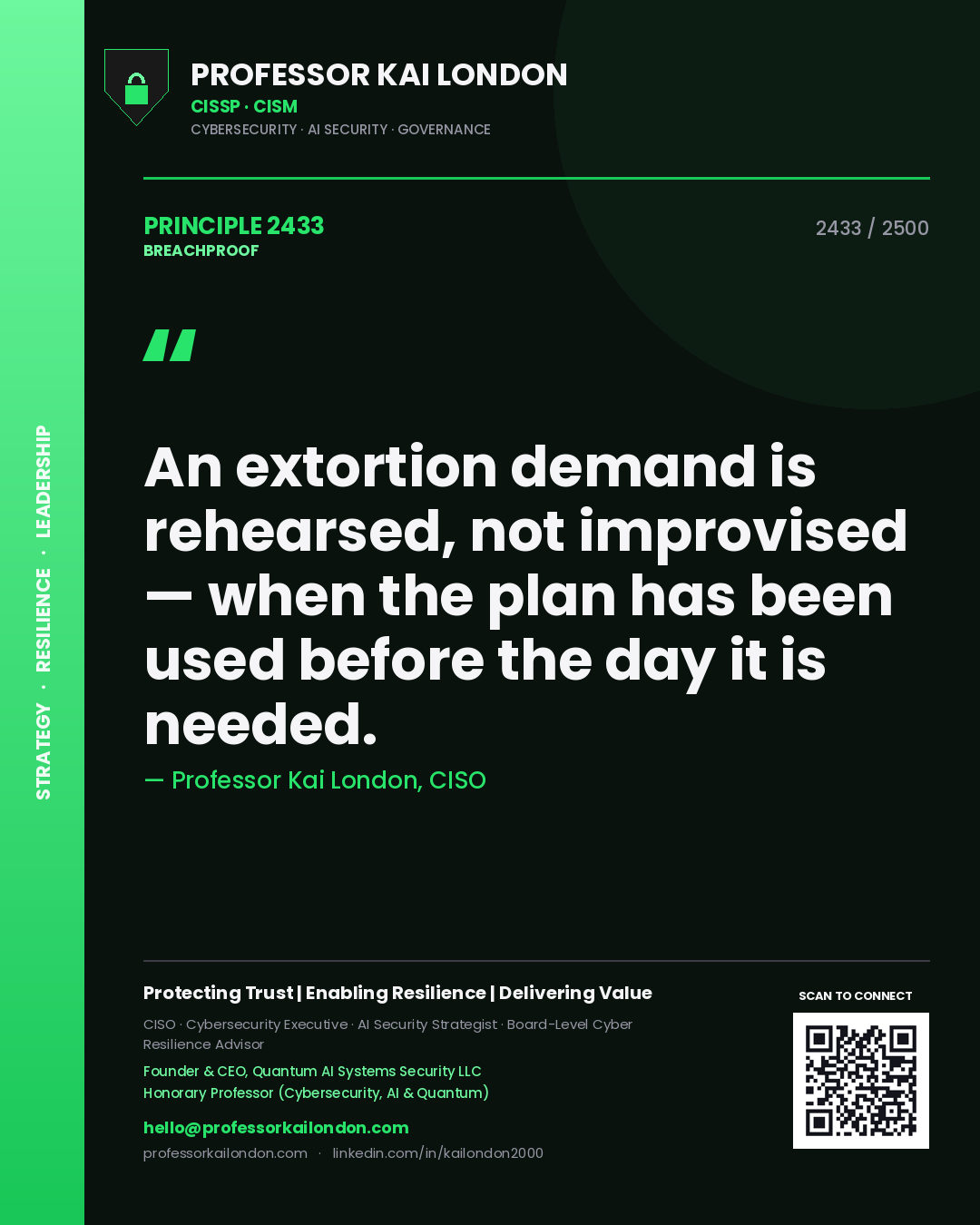 Professor Kai London principle 2433: An extortion demand is rehearsed, not improvised — when the plan has been used before the day it is needed.