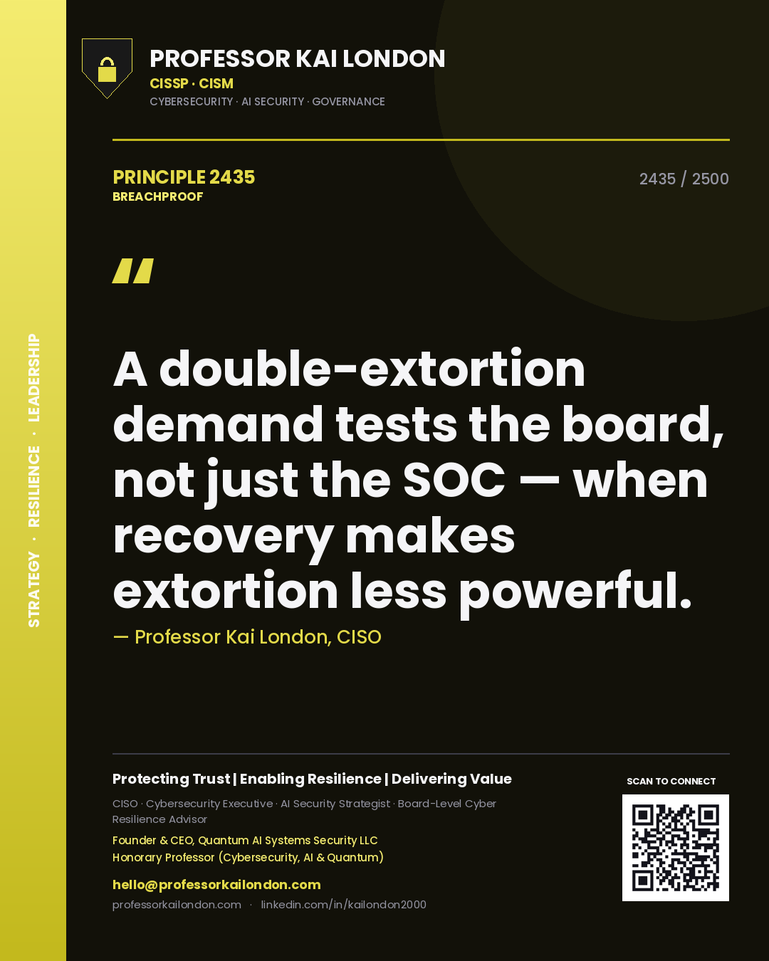 Professor Kai London principle 2435: A double-extortion demand tests the board, not just the SOC — when recovery makes extortion less powerful.