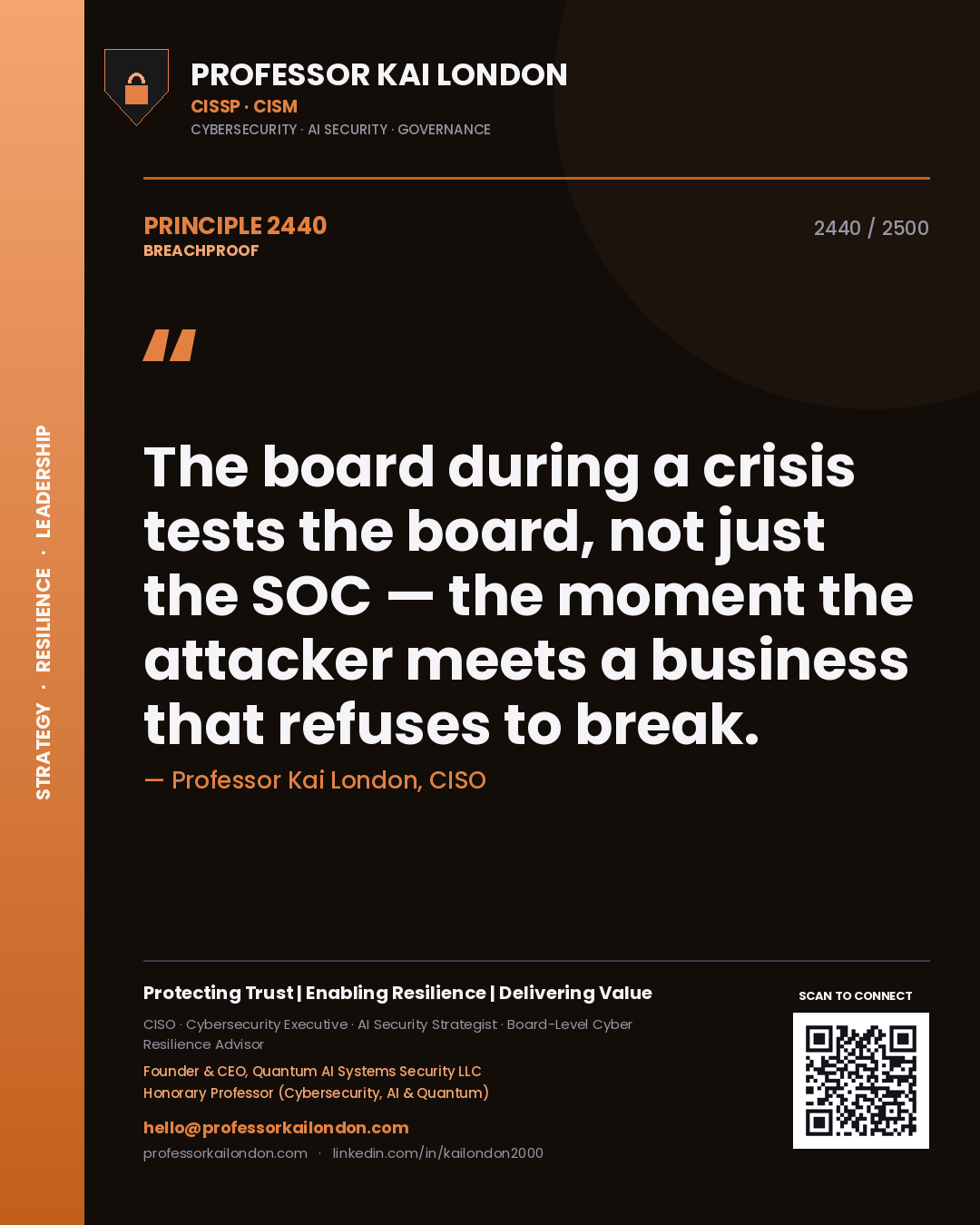 Professor Kai London principle 2440: The board during a crisis tests the board, not just the SOC — the moment the attacker meets a business that refuses to break.