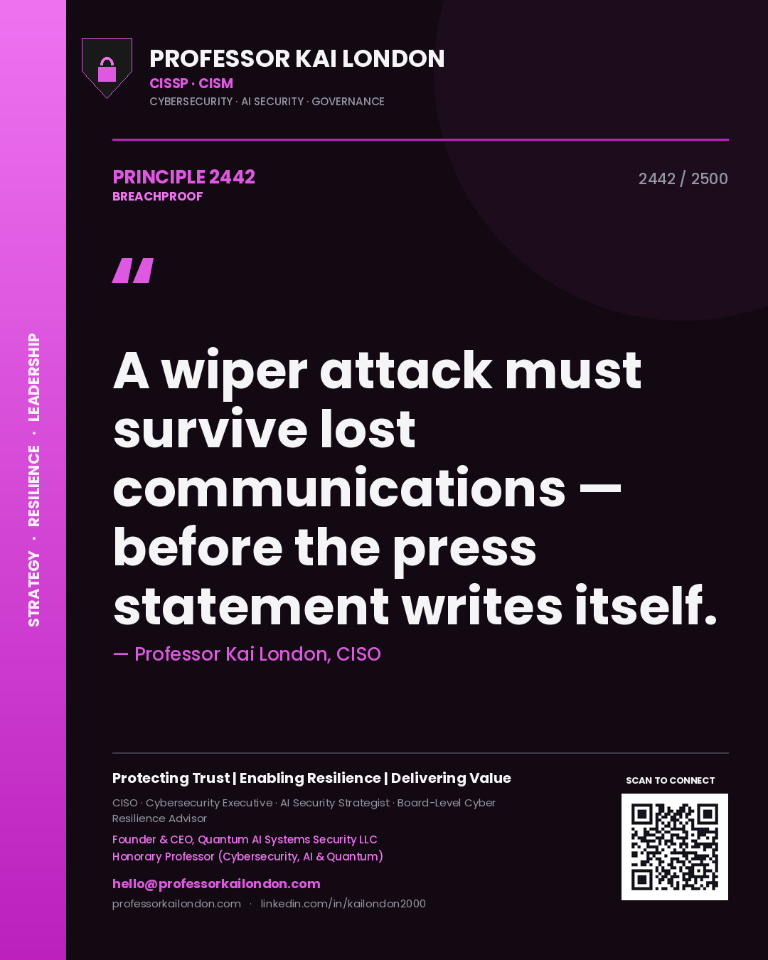 Professor Kai London principle 2442: A wiper attack must survive lost communications — before the press statement writes itself.