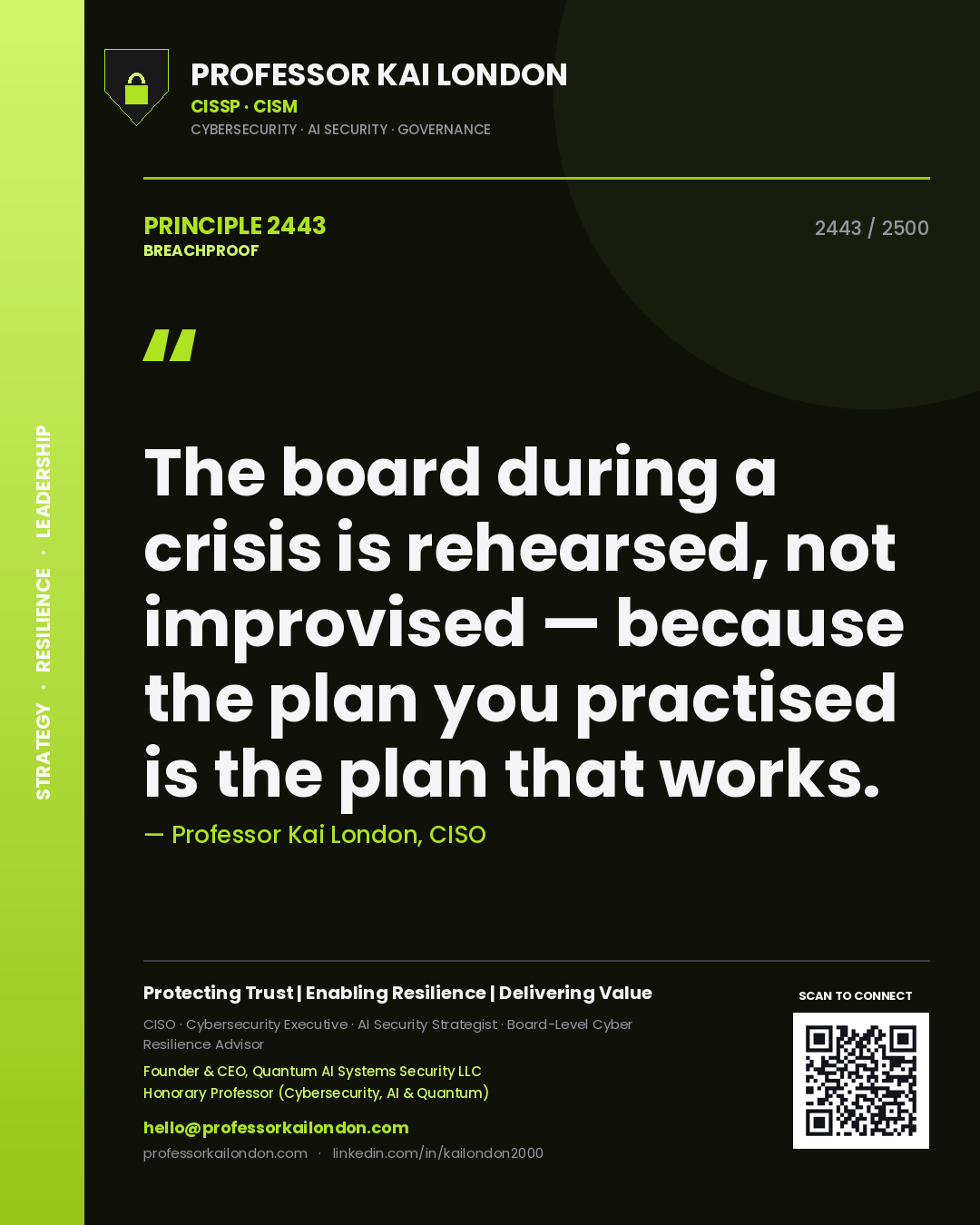 Professor Kai London principle 2443: The board during a crisis is rehearsed, not improvised — because the plan you practised is the plan that works.