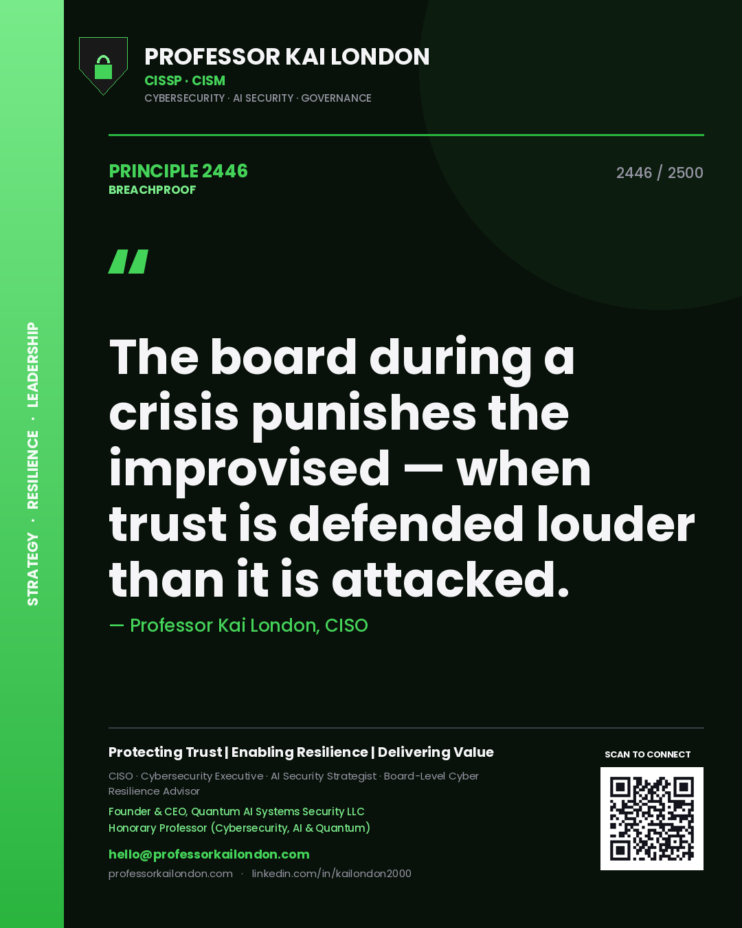 Professor Kai London principle 2446: The board during a crisis punishes the improvised — when trust is defended louder than it is attacked.