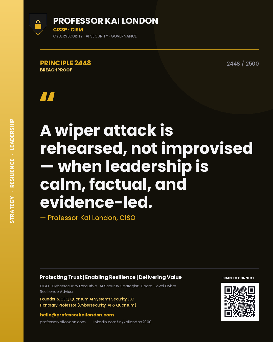 Professor Kai London principle 2448: A wiper attack is rehearsed, not improvised — when leadership is calm, factual, and evidence-led.