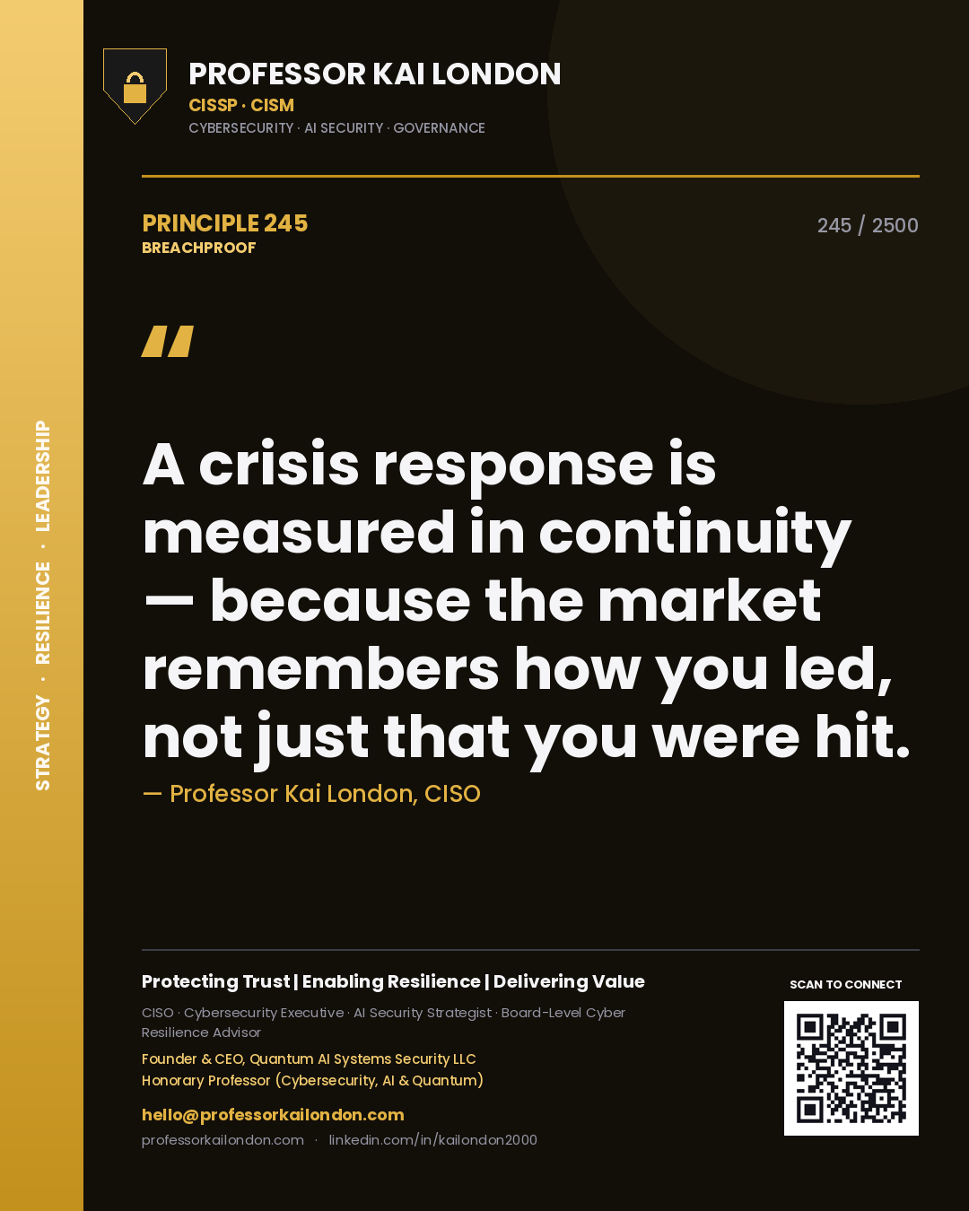 Professor Kai London principle 245: A crisis response is measured in continuity — because the market remembers how you led, not just that you were hit.