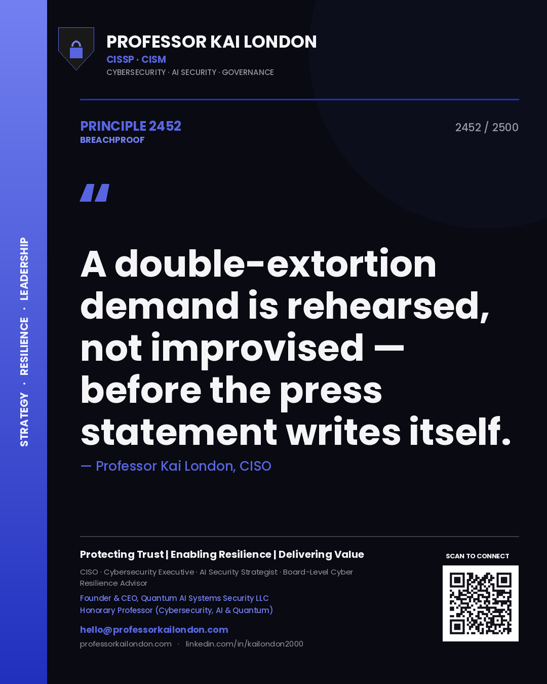Professor Kai London principle 2452: A double-extortion demand is rehearsed, not improvised — before the press statement writes itself.