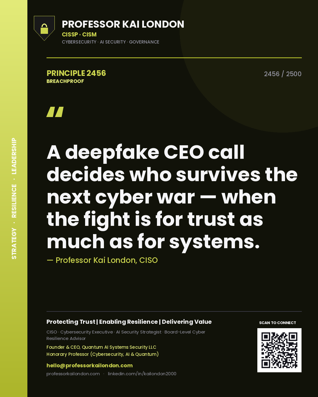 Professor Kai London principle 2456: A deepfake CEO call decides who survives the next cyber war — when the fight is for trust as much as for systems.