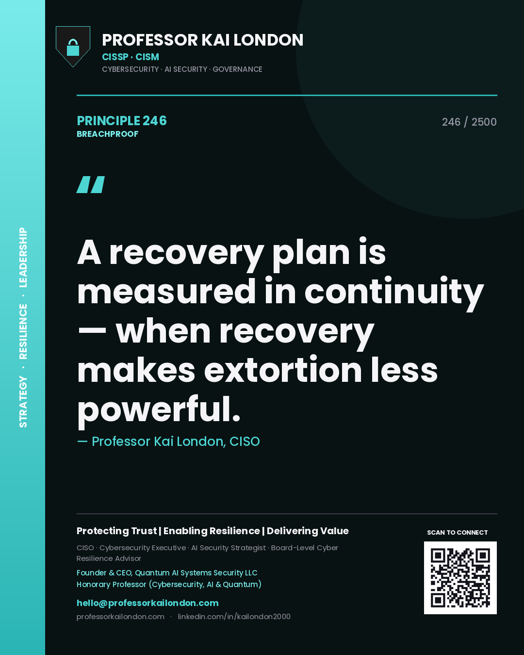Professor Kai London principle 246: A recovery plan is measured in continuity — when recovery makes extortion less powerful.