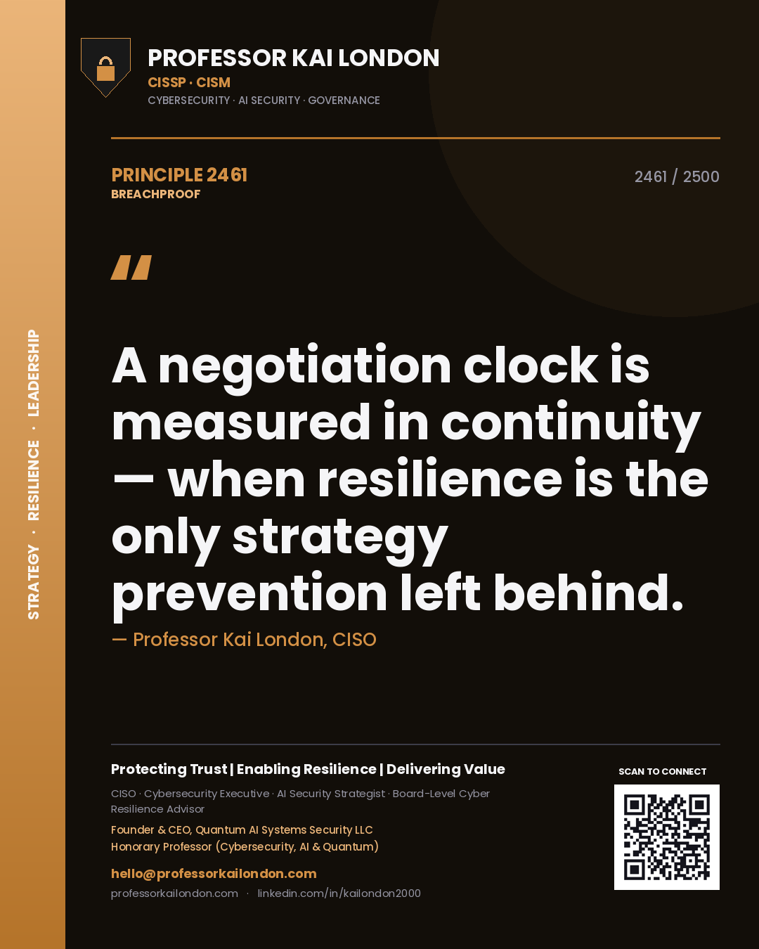 Professor Kai London principle 2461: A negotiation clock is measured in continuity — when resilience is the only strategy prevention left behind.