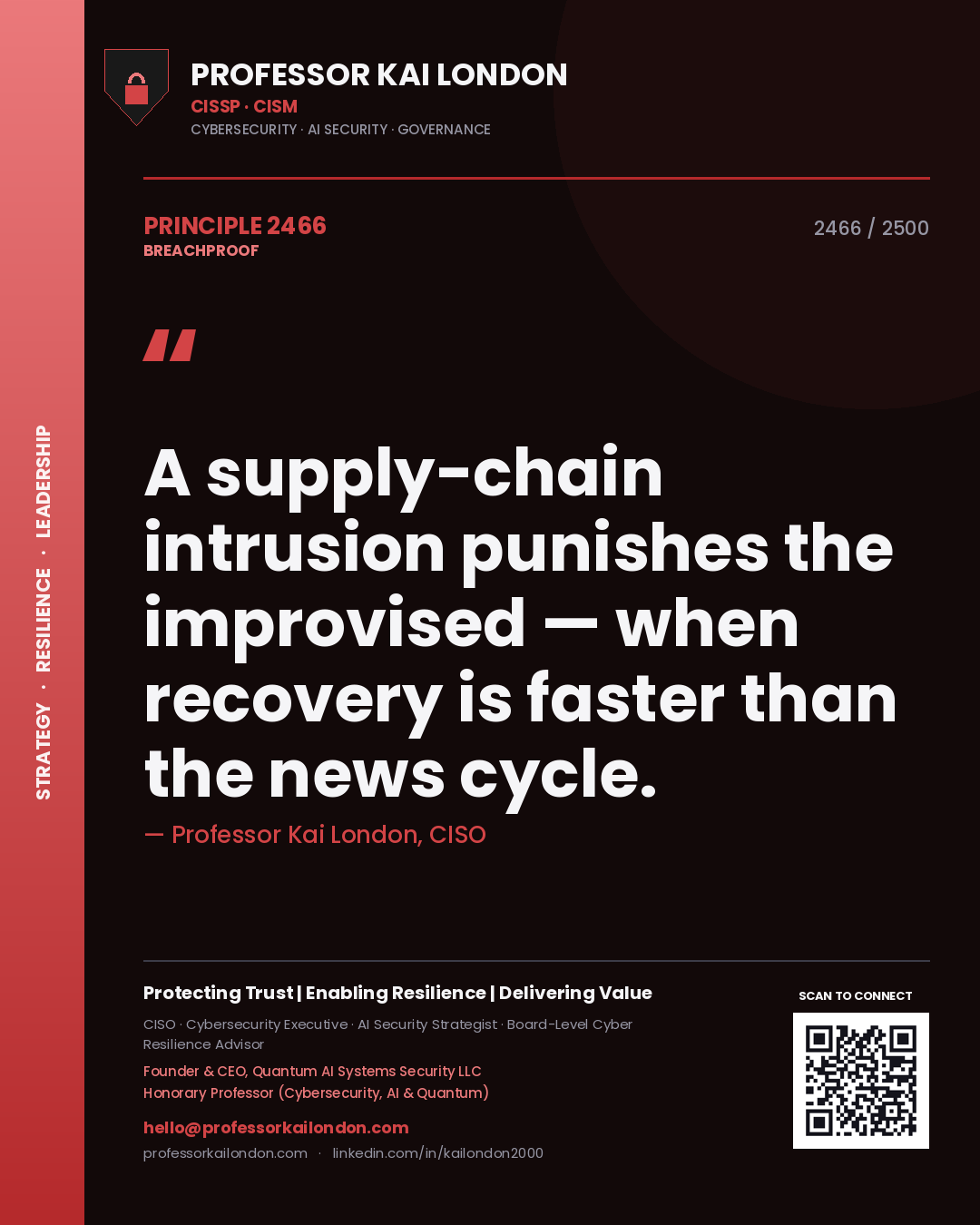 Professor Kai London principle 2466: A supply-chain intrusion punishes the improvised — when recovery is faster than the news cycle.