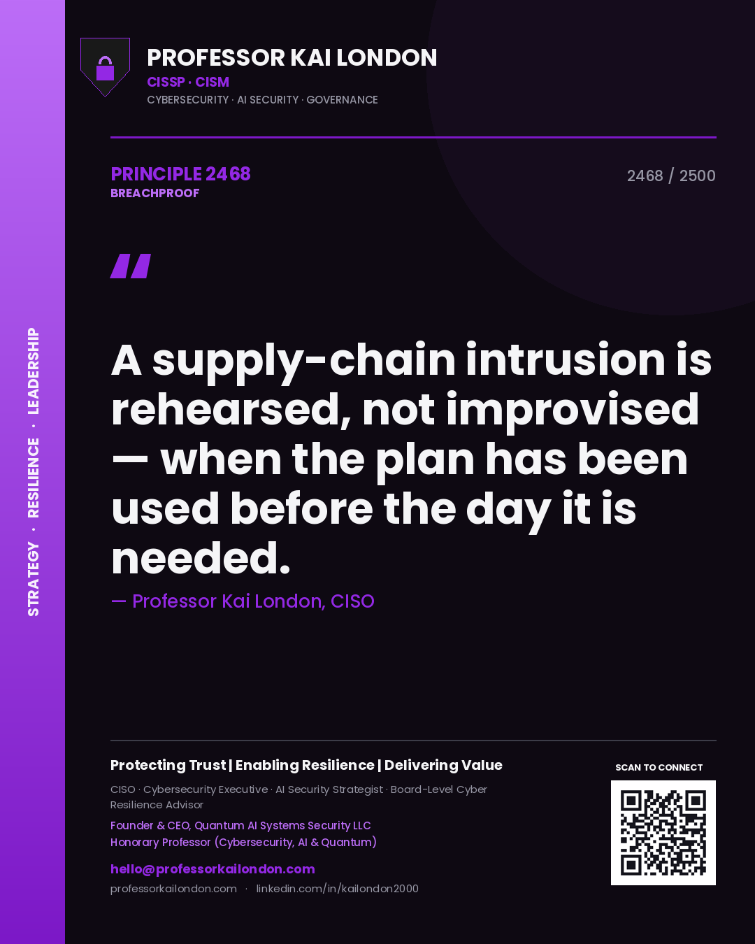 Professor Kai London principle 2468: A supply-chain intrusion is rehearsed, not improvised — when the plan has been used before the day it is needed.