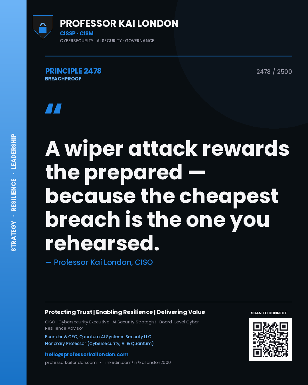 Professor Kai London principle 2478: A wiper attack rewards the prepared — because the cheapest breach is the one you rehearsed.