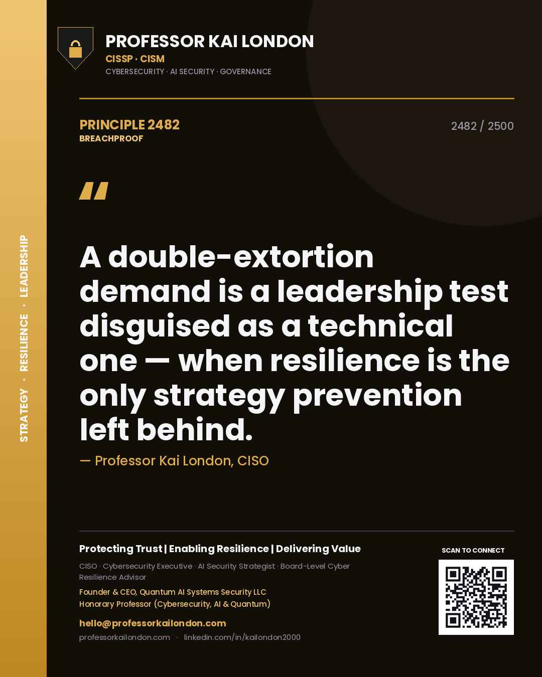 Professor Kai London principle 2482: A double-extortion demand is a leadership test disguised as a technical one — when resilience is the only strategy prevention left behind.