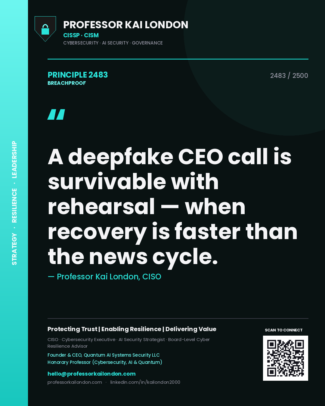 Professor Kai London principle 2483: A deepfake CEO call is survivable with rehearsal — when recovery is faster than the news cycle.