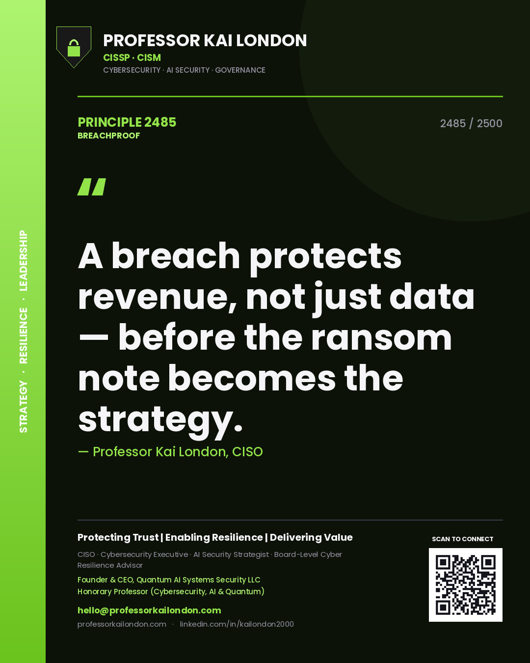 Professor Kai London principle 2485: A breach protects revenue, not just data — before the ransom note becomes the strategy.