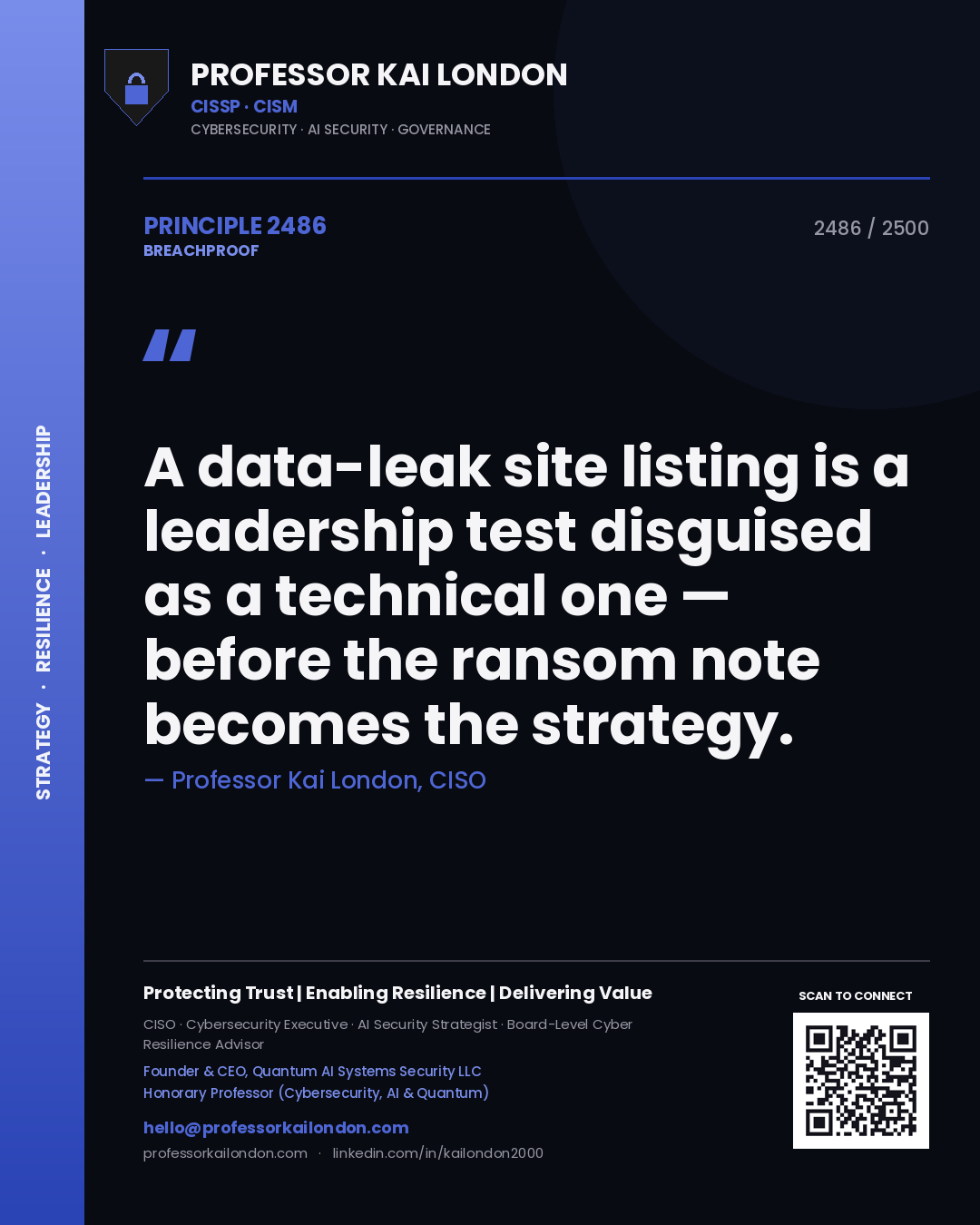 Professor Kai London principle 2486: A data-leak site listing is a leadership test disguised as a technical one — before the ransom note becomes the strategy.