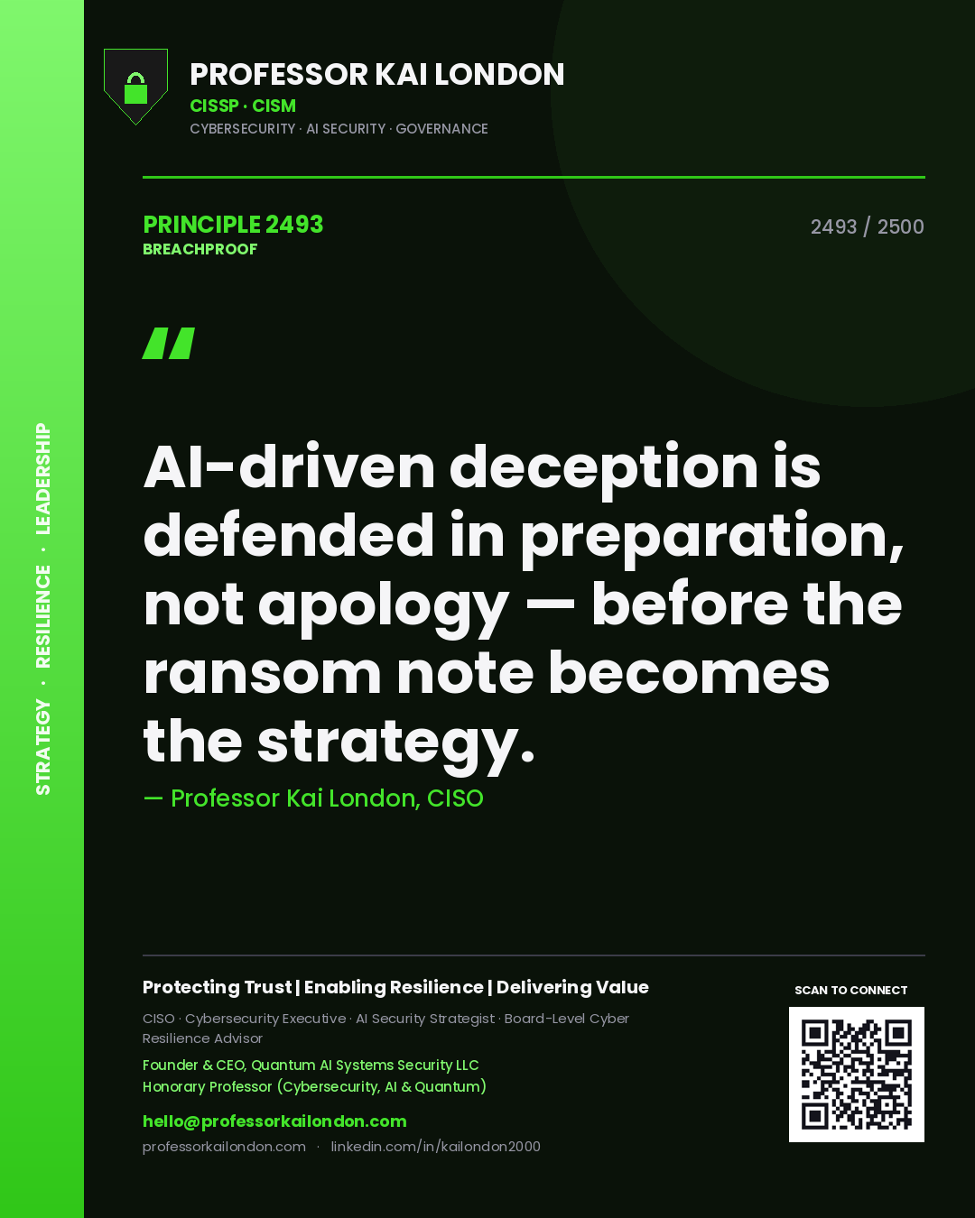 Professor Kai London principle 2493: AI-driven deception is defended in preparation, not apology — before the ransom note becomes the strategy.