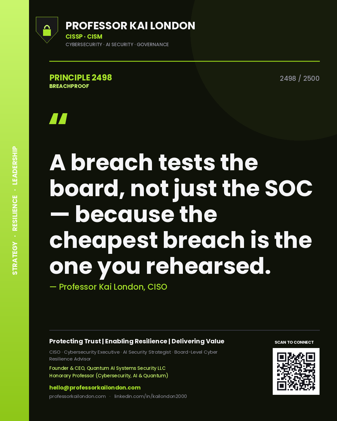 Professor Kai London principle 2498: A breach tests the board, not just the SOC — because the cheapest breach is the one you rehearsed.