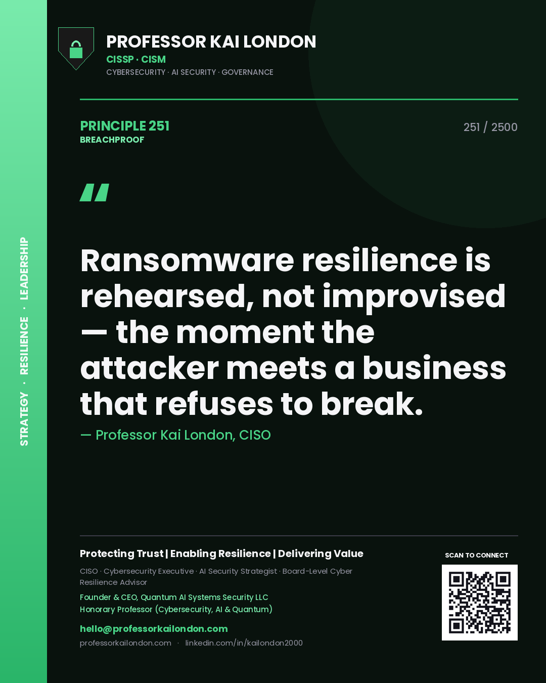 Professor Kai London principle 251: Ransomware resilience is rehearsed, not improvised — the moment the attacker meets a business that refuses to break.