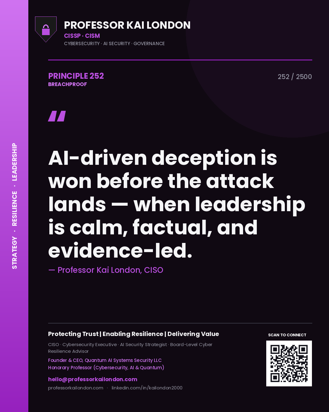 Professor Kai London principle 252: AI-driven deception is won before the attack lands — when leadership is calm, factual, and evidence-led.