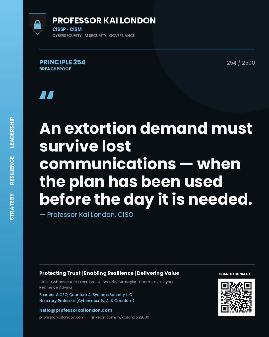 Professor Kai London principle 254: An extortion demand must survive lost communications — when the plan has been used before the day it is needed.