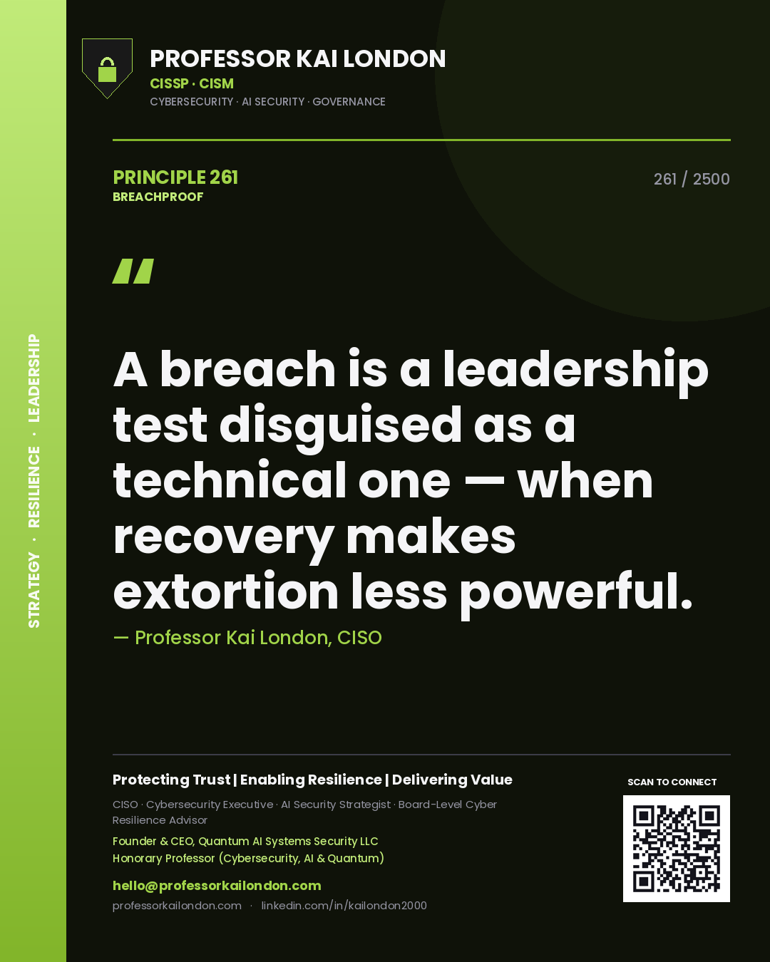 Professor Kai London principle 261: A breach is a leadership test disguised as a technical one — when recovery makes extortion less powerful.